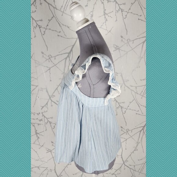 Axara Paris Blue Stripe Square Neck Ruffle Cap Sleeve Top - Picture 2 of 3